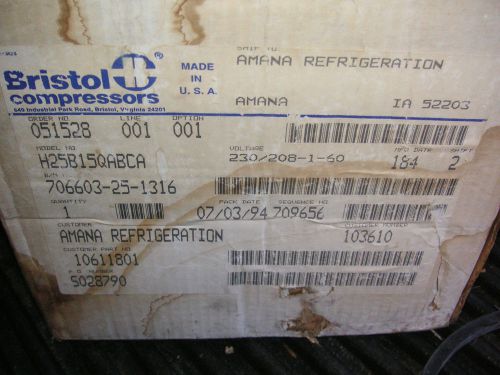 Bristol Compressor,NOS, Model H25B15QABCA. R22, 208/230V,Single Phase.HVAC RSCE