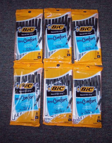 6 NEW PKGS BIC ROUND STIC GRIP XTRA COMFORT EASY GLIDE PENS  BLACK INK - 48 PENS