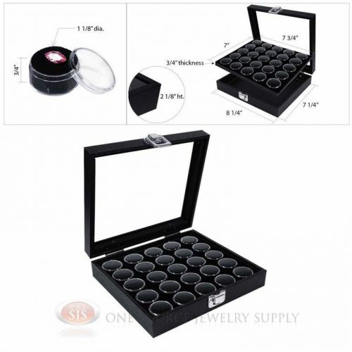 Black 25 Gem Jar Insert w/ Glass Top Display Case Gemstone Storage Jewelry