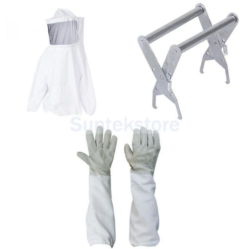 Beekeeping Protective Jacket Veil Smock Equipment +Hive Frame Holder+Pair Gloves