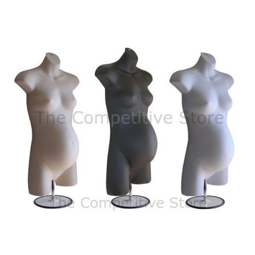 3 Maternity Female Mannequin Dress Forms With Metal Base - Black + Flesh + White