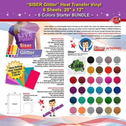 SISER GLITTER HEAT TRANSFER VINYL, 6 SHEETS, 20&#034;x12&#034;, 6 COLORS STARTER BUNDLE