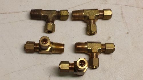 Lot of 5 Parker 1/4&#034; MNPT x 1/4 OD x1/4 OD Tube Brass Tee-Align Compression-Male