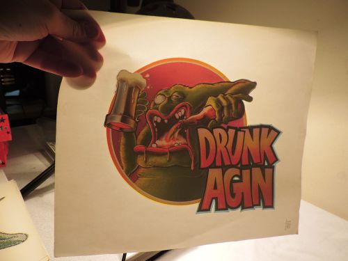 DRUNK AGAIN Vtg Iron On T Shirt Transfer GREEN  MONSTER ALIEN BOOGER MAN 64a