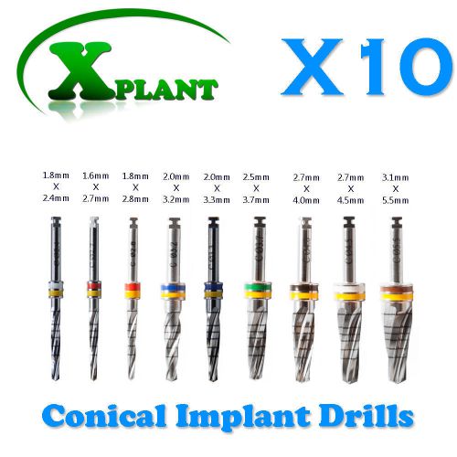 10 Internally Irrigated Conical Implant Drills, Dental Equipment