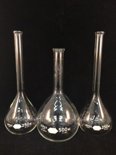 Lot of 3 kimax volumetric glass flasks 500ml 7-3/4&#034; &amp; (2) 250ml 9-1/4&#034; for sale