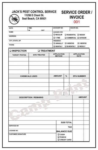 PEST CONTROL SERVICE ORDER INVOICE - 2 PART CARBONLESS