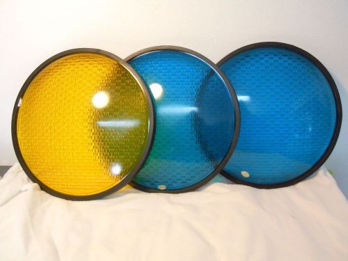 3 Vtg Kopp 12&#034; WIDE ANGLE Traffic Light Signal GLASS Lenses  Amber &amp; 2 Blue