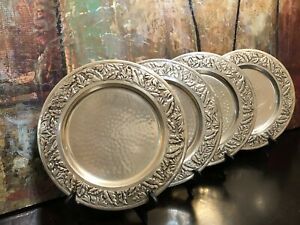 4 NEW Aluminum Table Chargers Decor Leaves Hammered Design Silver 11&#034;