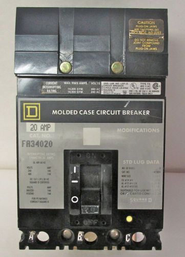 SQUARE D - 20A CIRCUIT BREAKER - 3 POLE - 240/480 VOLT - CAT. #FR34020