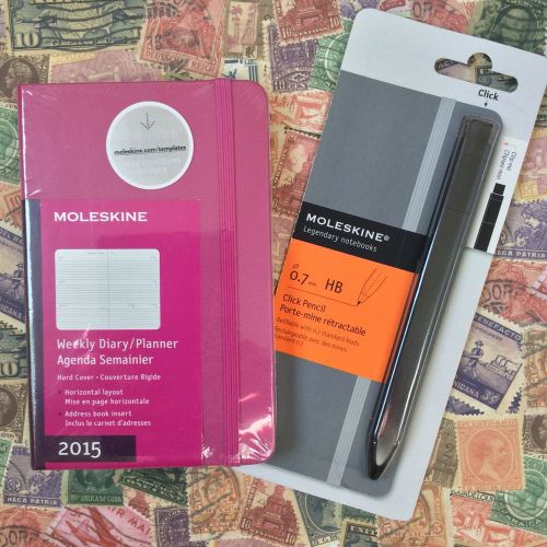 Set of 2 Moleskine 2015 Magenta Pink HardCover Weekly Planner &amp; Black HB Pencil