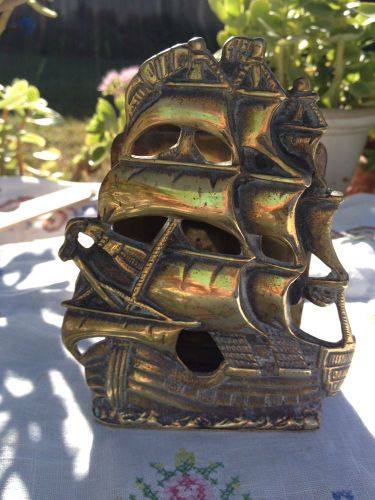 VTG Desk Caddy Letter Sorter Mail Slot Wood Brass Hammered Metal Ship Embossed