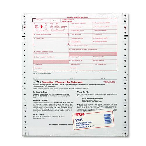 TOPS W-3 Tax Form, Lttr, 2-Part Carbonless, 10 Continuous Forms