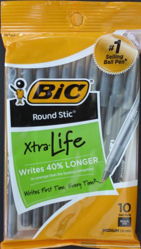 BIC ROUND STIC Medium Point Ballpoint Pens BLACK INK 10 Ct/Pk