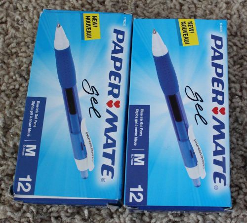 24 (12 per pack) Paper Mate Retractable Medium Point Gel Pens Blue Ink 0.7mm