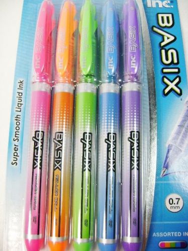 1 x 5 Pack BASIX ROLLER BALL PENS 0.7mm Comfort Grip Inc Bright Colors Cap Clip