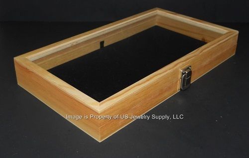 1 Natural Wood Glass Top Lid Black Pad Display Box Case Medals Award Jewelry