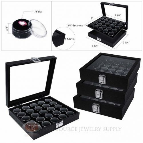 (4) Black 25 Gem Jar Inserts w/ Glass Top Display Cases Gemstone Storage Jewelry