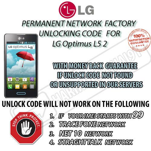 Unlock unlocking network code any lg optimus l5 2 ii e450g e450 450g pin fast for sale
