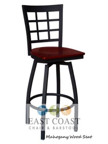 New Gladiator Window Pane Metal Swivel Restaurant Bar Stool w/ Mahogany Seat