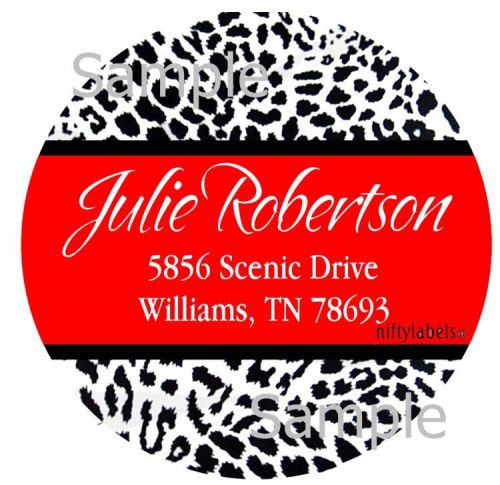 BLACK CHEETA PRINT &amp;  RED STRIPE #1  ROUND RETURN ADDRESS LABELS