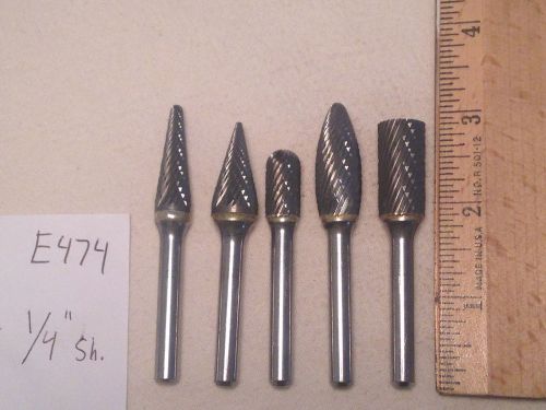 5 NEW 1/4&#034; (.250) SHANK CARBIDE BURRS. DOUBLE &amp; SINGLE CUT. USA MADE {E474}