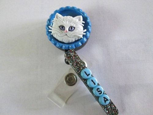 CAT HEAD WHITE PERSONALIZE ID BADGE  REEL  NURSE, MEDICAL,VET,OFFICE,ICU,ER