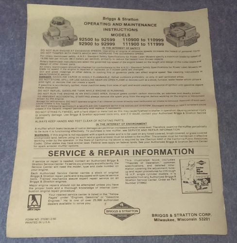 Briggs &amp; Stratton Operating Maintenance Instructions 92500 92900 110900 111900+