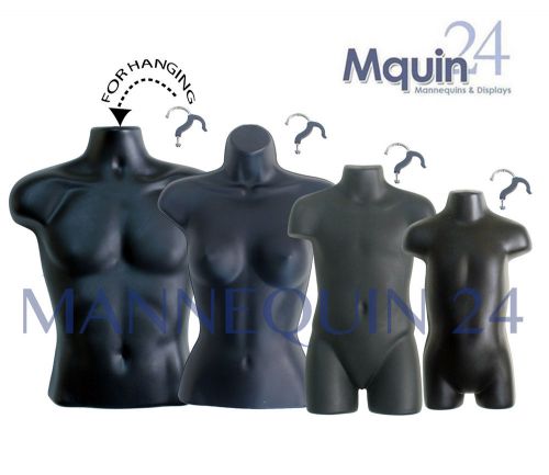 SET OF 4 BLACK MANNEQUINS: MALE, FEMALE, CHILD &amp; TODDLER DRESS FORMS w/ HANGERS