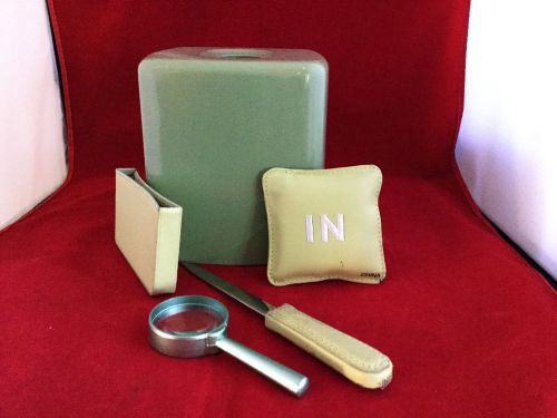 Desk set, tissue holder, letter opener, card holder, magnifying glass, paper wt.