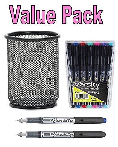 Pilot Varsity Disposable Fountain Pens, 9 Pen Assortment in Mesh Pencil Cup