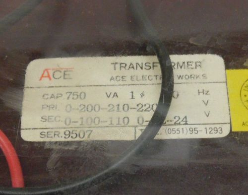 Ace electric 750 va transformer, 1 ph, 220 to 22-24-100v, used, warranty for sale