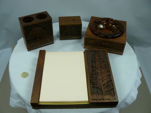 Genuine American Walnut Lasercraft Desk Set Ashtray Notepad Pen Pencil Holders