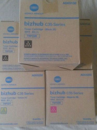 LOT OF 5 KONICA MINOLTA BIZHUB C35 TONERS YMK (1= TNP22Y 1= TNP22M 3= TNP22K)