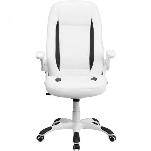 High back white leather executive office chair with flip-up arms for sale