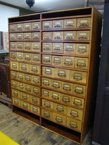 Vtg incredible 66 divided drawer oak brass file parts cabinet library organizer for sale