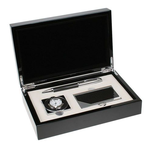 Carbon fiber pen, business card case, &amp; clock executive gift set for sale