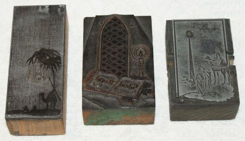 3 Vintage Christmas Letterpress Printers Blocks, Silent Night, Wisemen &amp; Camels