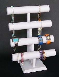 17&#034;H x 12&#034;W 4 Tier WHITE JEWELRY DISPLAY T BAR BRACELET BANGLE WATCH CHAIN PJ62W