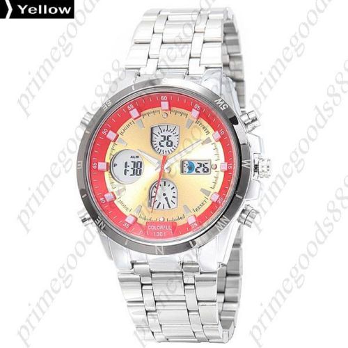 Colorful Light Stainless Steel Analog Digital Wrist Men&#039;s Wristwatch Yellow Gold