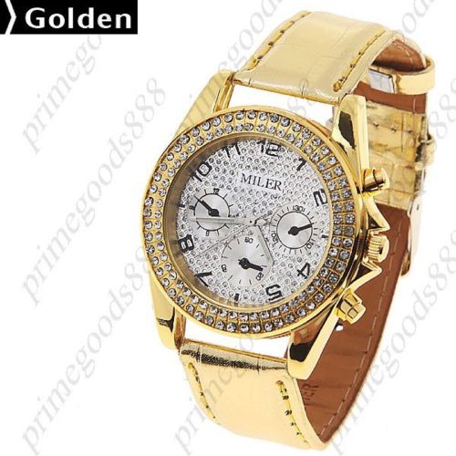 Gold golden case rhinestone synthetic leather quartz lady wristwatch women&#039;s for sale