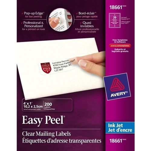 Avery Easy Peel Mailing Label - 1&#034; Width x 4&#034; Length - 200 / Pack - Clear