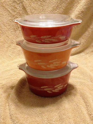 Mid century modern pyrex 473,472,471  autumn harvest wheat  casseroles with lids for sale