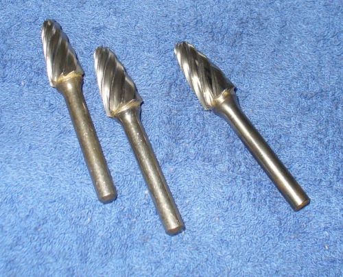 3 CARBIDE BURS,  1/4&#034; shank,(C40)  used BURRS , USA., ALUM CUT   FREE SHIPPING