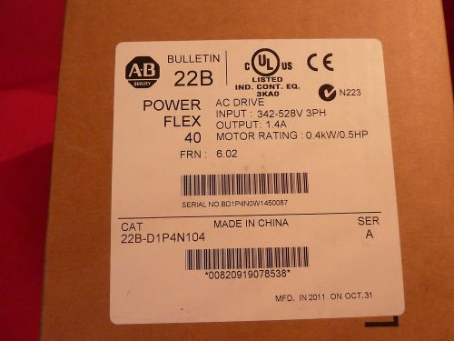 ALLEN-BRADLEY POWERFLEX 40 22B-D1P4N104. **NEW SEALED BOX** AC DRIVE