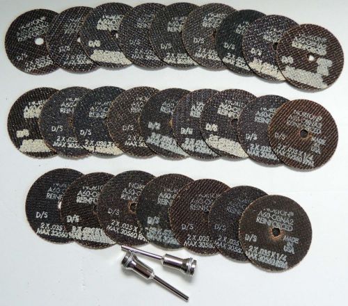 25 PC LOT NORTON 2&#034; METAL CUT-OFF WHEELS &amp; 2 MANDRELS 2&#034;x.035&#034;x1/4&#034; FOR DREMEL