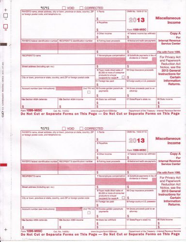 2013 IRS Tax Form 1099-MISC single sheet set for10 recipients, carbonless 5-part