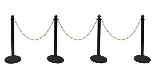 Plastic stanchion heavy duty 4 pcs set + 50&#039; orange/white chain color in black for sale