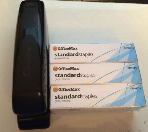 OFFICE MAX, SWINGLINE BLACK STAPLER AND 3 BOXES OF STAPLES 5000 STAPLES PER BOX