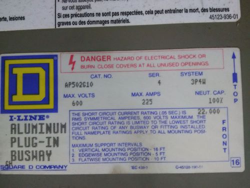 Square D Aluminum Plug In Busway AP502G10 600V 225Amp